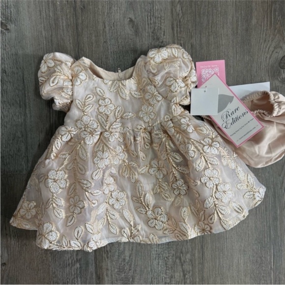 Rare Editions Gold Brocade Floral Burnout Organza Baby Girl Dress Bloomers NWT - Picture 2 of 6